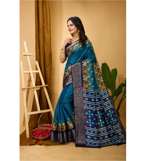 Women's Soft Dola Cotton Kalamkari Printed Saree With Unstitched Blouse 5.5Mtr (Blue)