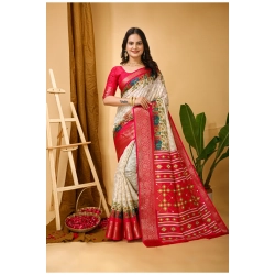 Women's Soft Dola Cotton Kalamkari Printed Saree With Unstitched Blouse 5.5Mtr (White)