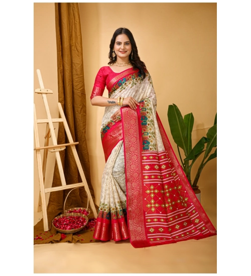 Women's Soft Dola Cotton Kalamkari Printed Saree With Unstitched Blouse 5.5Mtr (White)