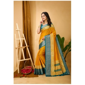 Generic Women's Soft Dola Cotton Kalamkari Printed Saree With Unstitched Blouse 5.5Mtr (Yellow)
