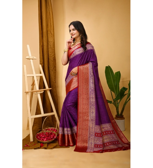 Women's Soft Dola Cotton Kalamkari Printed Saree With Unstitched Blouse 5.5Mtr (Purple)