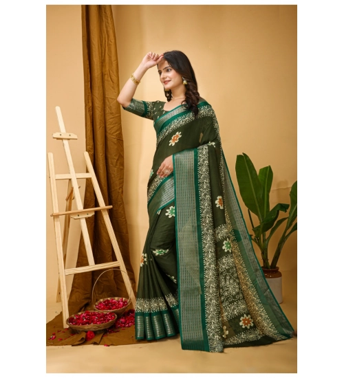 Women's Soft Blooming Marshmallow Fabric Kalamkari Printed Saree With Unstitched Blouse 5.5Mtr (Green)