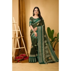 Women's Soft Blooming Marshmallow Fabric Kalamkari Printed Saree With Unstitched Blouse 5.5Mtr (Green)