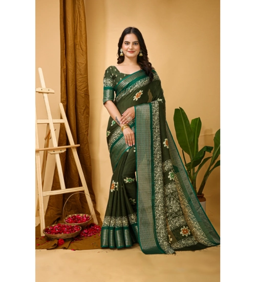 Women's Soft Blooming Marshmallow Fabric Kalamkari Printed Saree With Unstitched Blouse 5.5Mtr (Green)