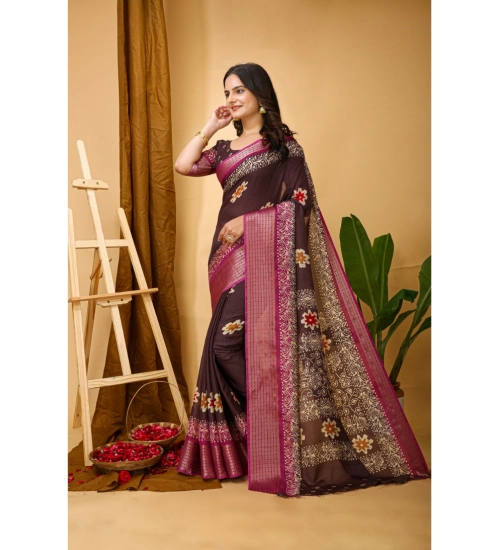 Women's Soft Blooming Marshmallow Fabric Kalamkari Printed Saree With Unstitched Blouse 5.5Mtr (Maroon)