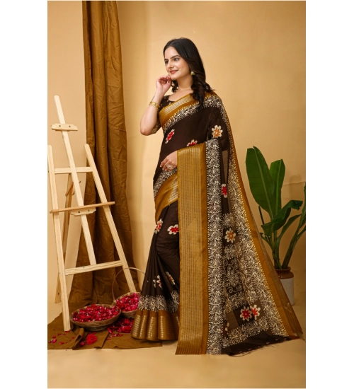 Women's Soft Blooming Marshmallow Fabric Kalamkari Printed Saree With Unstitched Blouse 5.5Mtr (Brown)