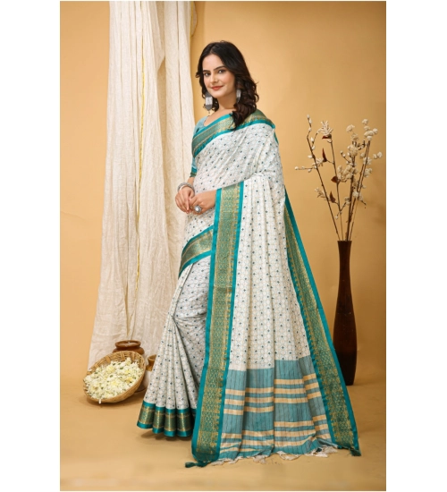 Women's Soft Cotton Silk Printed Saree With Unstitched Blouse 5.5Mtr (Rama Green)