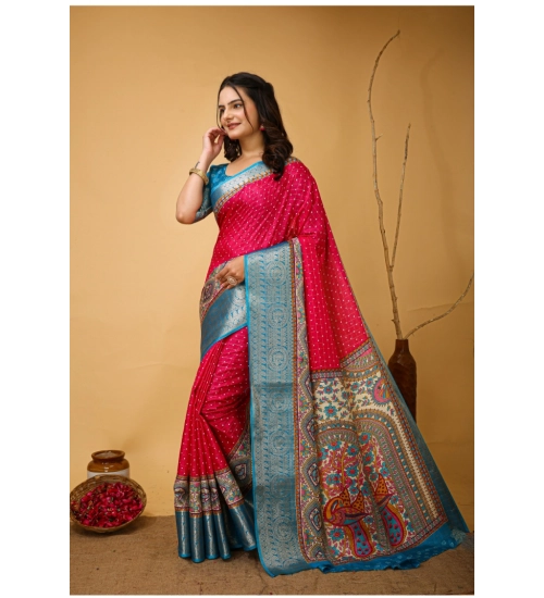 Women's Soft Dola Cotton Kalamkari Printed Saree With Unstitched Blouse 5.5Mtr (Pink)