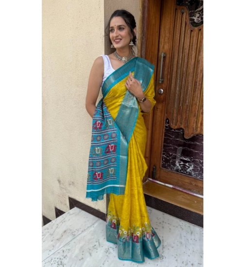 Women's Soft Dola Cotton Kalamkari Printed Saree With Unstitched Blouse 5.5Mtr (Mustard)