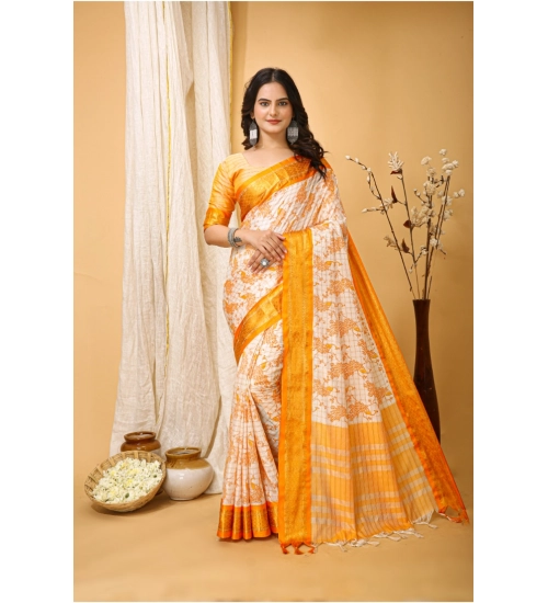 Women's Soft Cotton Silk Printed Saree With Unstitched Blouse 5.5Mtr (Yellow)