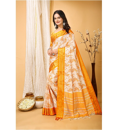 Women's Soft Cotton Silk Printed Saree With Unstitched Blouse 5.5Mtr (Yellow)