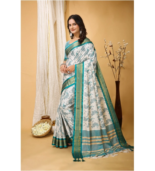 Women's Soft Cotton Silk Printed Saree With Unstitched Blouse 5.5Mtr (Turquoise)