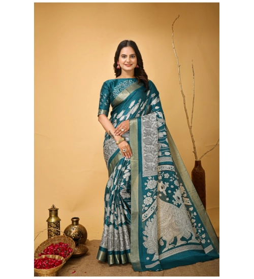Women's Soft Handloom Cotton Kalamkari Printed Saree With Unstitched Blouse 5.5Mtr (Turquoise)