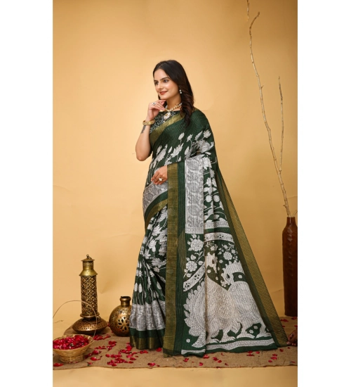 Women's Soft Handloom Cotton Kalamkari Printed Saree With Unstitched Blouse 5.5Mtr (Green)