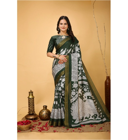 Women's Soft Handloom Cotton Kalamkari Printed Saree With Unstitched Blouse 5.5Mtr (Green)