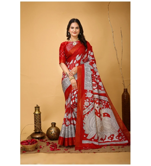 Women's Soft Handloom Cotton Kalamkari Printed Saree With Unstitched Blouse 5.5Mtr (Red)