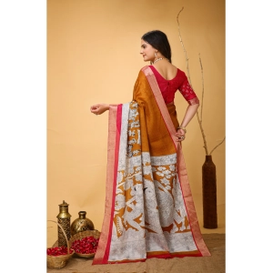Generic Women's Soft Handloom Cotton Kalamkari Printed Saree With Unstitched Blouse 5.5Mtr (Mustard)