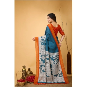 Generic Women's Soft Handloom Cotton Kalamkari Printed Saree With Unstitched Blouse 5.5Mtr (Teal Blue)