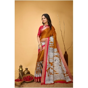Generic Women's Soft Handloom Cotton Kalamkari Printed Saree With Unstitched Blouse 5.5Mtr (Mustard)