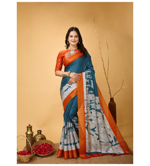 Women's Soft Handloom Cotton Kalamkari Printed Saree With Unstitched Blouse 5.5Mtr (Teal Blue)