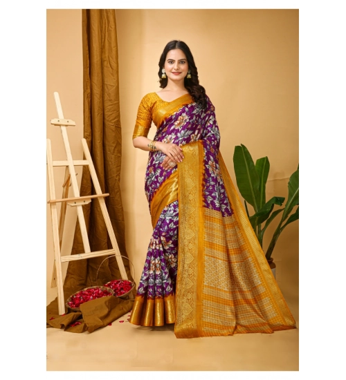 Women's Soft Dola Cotton Kalamkari Printed Saree With Unstitched Blouse 5.5Mtr (Purple)