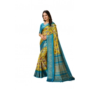 Generic Women's Soft Dola Cotton Kalamkari Printed Saree With Unstitched Blouse 5.5Mtr (Yellow)