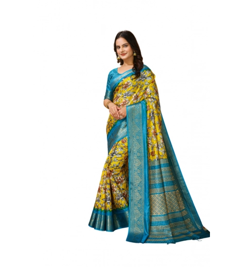 Women's Soft Dola Cotton Kalamkari Printed Saree With Unstitched Blouse 5.5Mtr (Yellow)