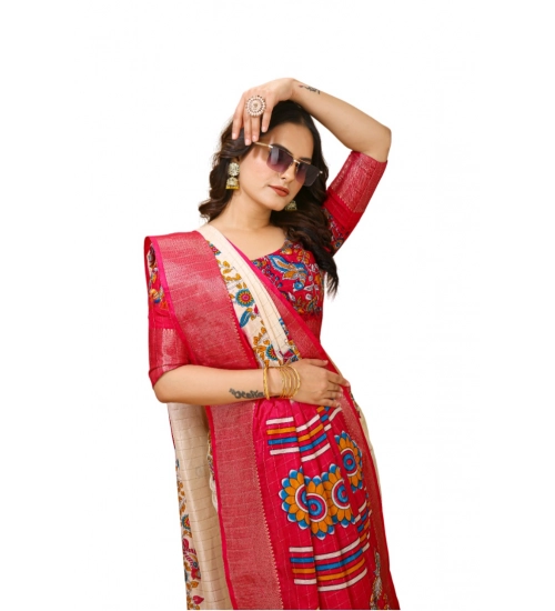 Women's Soft Dola Cotton Kalamkari Printed Saree With Unstitched Blouse 5.5Mtr (Red)