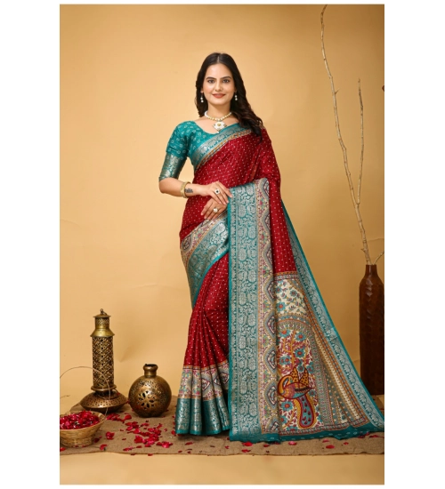 Women's Soft Dola Cotton Kalamkari Printed Saree With Unstitched Blouse 5.5Mtr (Red)