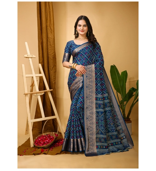 Women's Soft Dola Cotton Kalamkari Printed Saree With Unstitched Blouse 5.5Mtr (Blue)