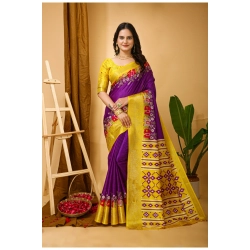 Women's Soft Dola Cotton Kalamkari Printed Saree With Unstitched Blouse 5.5Mtr (Purple)