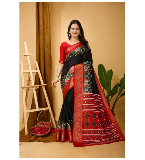 Women's Soft Dola Cotton Kalamkari Printed Saree With Unstitched Blouse 5.5Mtr (Black)
