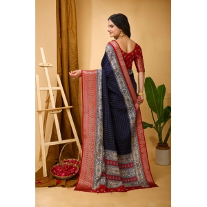 Generic Women's Soft Dola Cotton Kalamkari Printed Saree With Unstitched Blouse 5.5Mtr (Navy Blue)