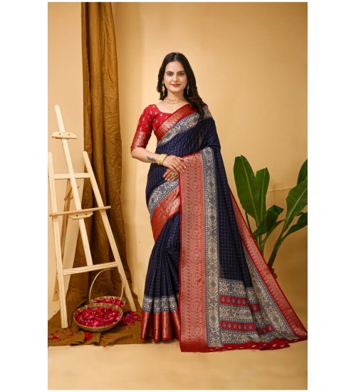 Women's Soft Dola Cotton Kalamkari Printed Saree With Unstitched Blouse 5.5Mtr (Navy Blue)