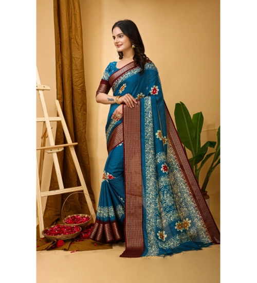 Women's Soft Blooming Marshmallow Fabric Kalamkari Printed Saree With Unstitched Blouse 5.5Mtr (Blue)