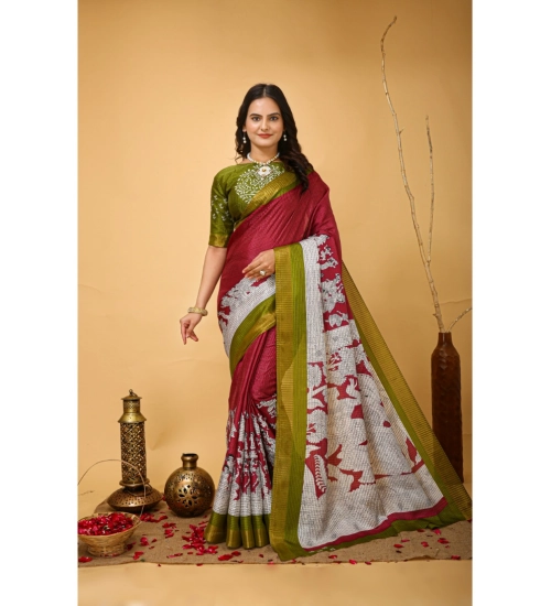 Women's Soft Handloom Cotton Kalamkari Printed Saree With Unstitched Blouse 5.5Mtr (Maroon)