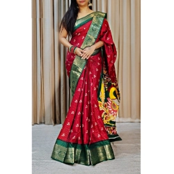 Women's Soft Dola Cotton Kalamkari Printed Saree With Unstitched Blouse 5.5Mtr (Red)