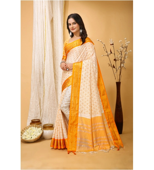 Women's Soft Cotton Silk Printed Saree With Unstitched Blouse 5.5Mtr (Yellow)