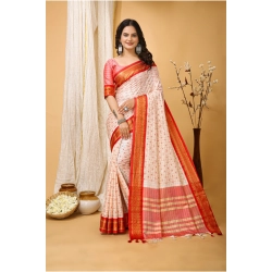 Women's Soft Cotton Silk Printed Saree With Unstitched Blouse 5.5Mtr (Red)