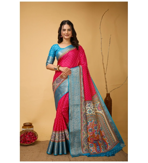 Women's Soft Dola Cotton Kalamkari Printed Saree With Unstitched Blouse 5.5Mtr (Pink)