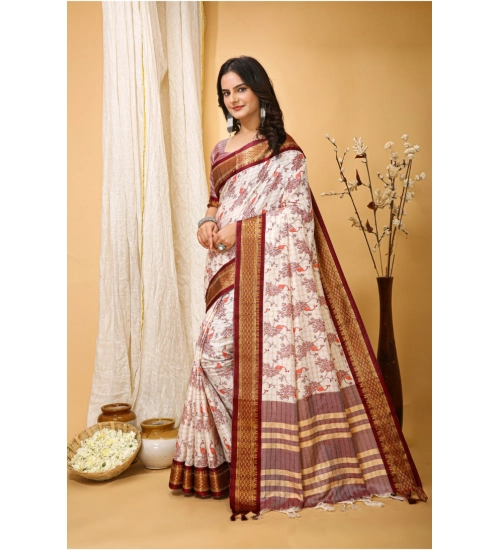 Women's Soft Cotton Silk Printed Saree With Unstitched Blouse 5.5Mtr (Maroon)