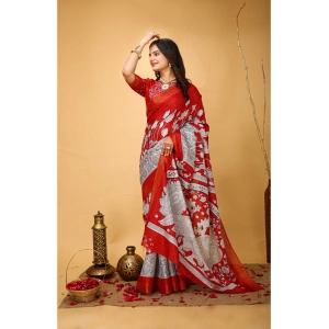 Generic Women's Soft Handloom Cotton Kalamkari Printed Saree With Unstitched Blouse 5.5Mtr (Red)