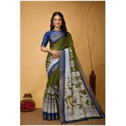 Women's Soft Handloom Cotton Kalamkari Printed Saree With Unstitched Blouse 5.5Mtr (Mehendi)