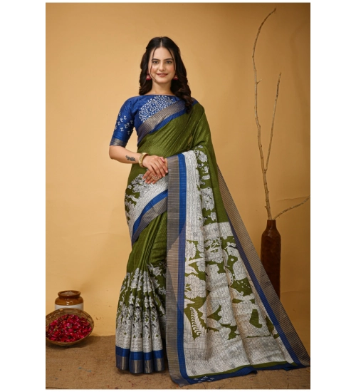 Women's Soft Handloom Cotton Kalamkari Printed Saree With Unstitched Blouse 5.5Mtr (Mehendi)