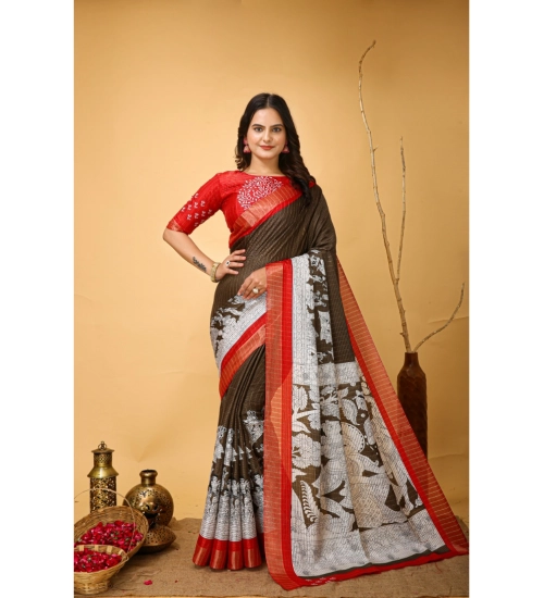 Women's Soft Handloom Cotton Kalamkari Printed Saree With Unstitched Blouse 5.5Mtr (Brown)