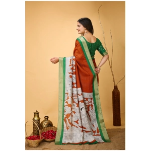 Generic Women's Soft Handloom Cotton Kalamkari Printed Saree With Unstitched Blouse 5.5Mtr (Orange)