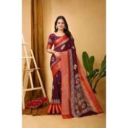 Women's Soft Blooming Marshmallow Fabric Kalamkari Printed Saree With Unstitched Blouse 5.5Mtr (Wine)