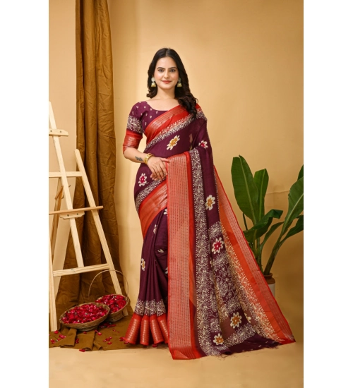 Women's Soft Blooming Marshmallow Fabric Kalamkari Printed Saree With Unstitched Blouse 5.5Mtr (Wine)