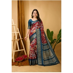 Women's Soft Dola Cotton Kalamkari Printed Saree With Unstitched Blouse 5.5Mtr (Red)