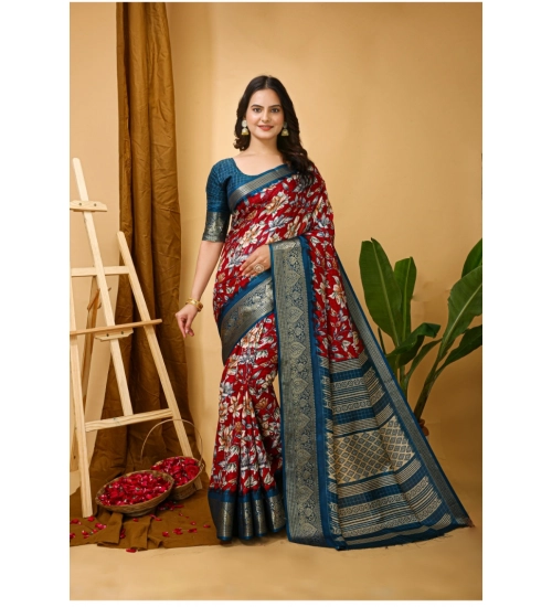 Women's Soft Dola Cotton Kalamkari Printed Saree With Unstitched Blouse 5.5Mtr (Red)